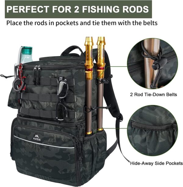 MATEIN Fishing Backpack, Water Resistant Fishing Tackle Box Bag with Rod Holders & Cooler, Gear Gifts for Men - Image 2