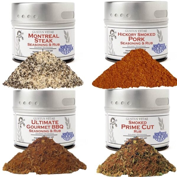 BBQ Pit Master Collection | 4 Gourmet Seasonings & Spice Rubs | All Natural, Mon GMO | Hand Crafted in Small Batches | Made in USA | Sustainably Sourced, Ultra Premium Spices | GLP-1 Friendly | Magnetic Tins | No MSG, Gluten, Artificial Anything | Gustus Vitae