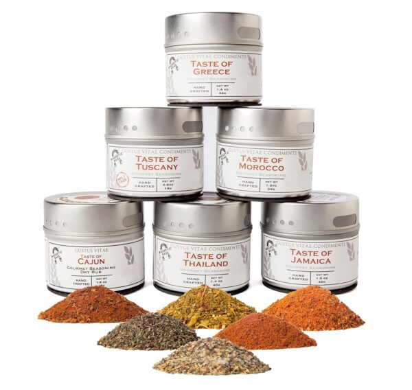 Gourmet World Flavors Seasoning Collection | Non GMO Verified | 6 Magnetic Tins | Spice Blends | Crafted in Small Batches by Gustus Vitae