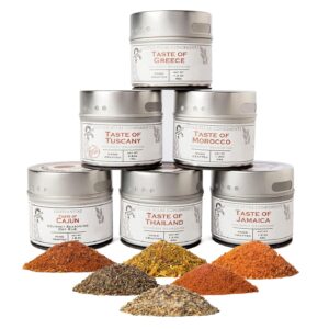 Gourmet World Flavors Seasoning Collection | Non GMO Verified | 6 Magnetic Tins | Spice Blends | Crafted in Small Batches by Gustus Vitae