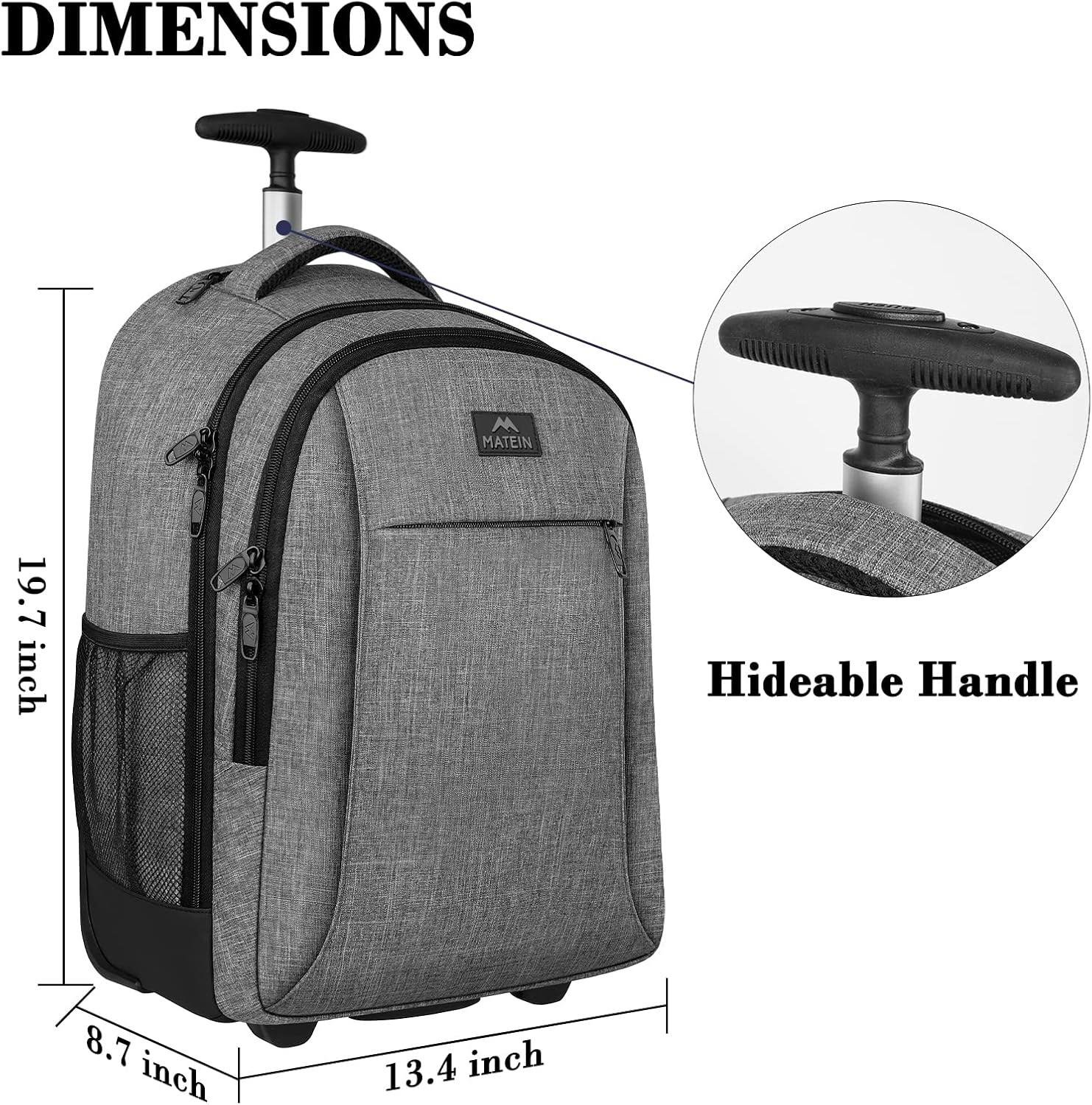 MATEIN Backpack, Water Resistant Travel Laptop Backpacks with Wheels, Roller College Backpack, Computer Business Bag, Rolling Carry On Luggage, Idea for Men and Women, Large, Grey (17 Inch)