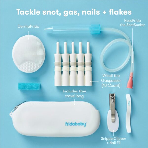 Frida Baby Basics Kit, Baby Essentials Kit Includes Nasal Aspirator Snotsucker, NailFrida Nail Files, Windi Gas Relief, DermaFrida Bath Brush + Silicone Carry Case - Image 2