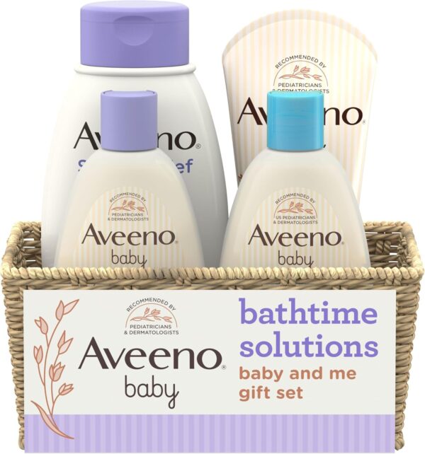 Aveeno Baby Bathtime Solutions Baby & Me Gift Set with Baby Wash & Shampoo, Calming Baby Bath, Baby Daily Moisturizing Lotion & Stress Relief Body Wash for Mom, Oatmeal, 4 Items - Image 2