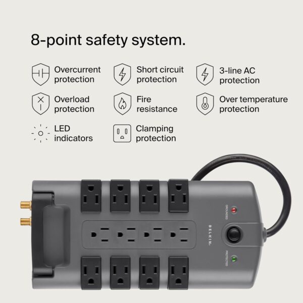 Belkin Surge Protector Power Strip w/ 8 Rotating & 4 Standard Outlets - 8ft Sturdy Extension Cord w/ Flat Pivot Plug for Home, Office, Travel, Desktop & Charging Brick - 4320 Joules of Protection - Image 3