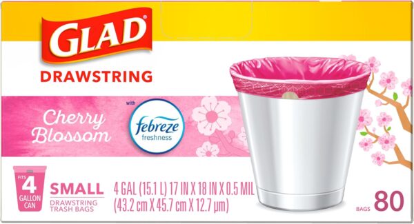 Glad Odorshield Small Drawstring Trash Bags, 4 Gal, Pink, Cherry Blossom, 80 Ct, Pack May Vary - Image 8