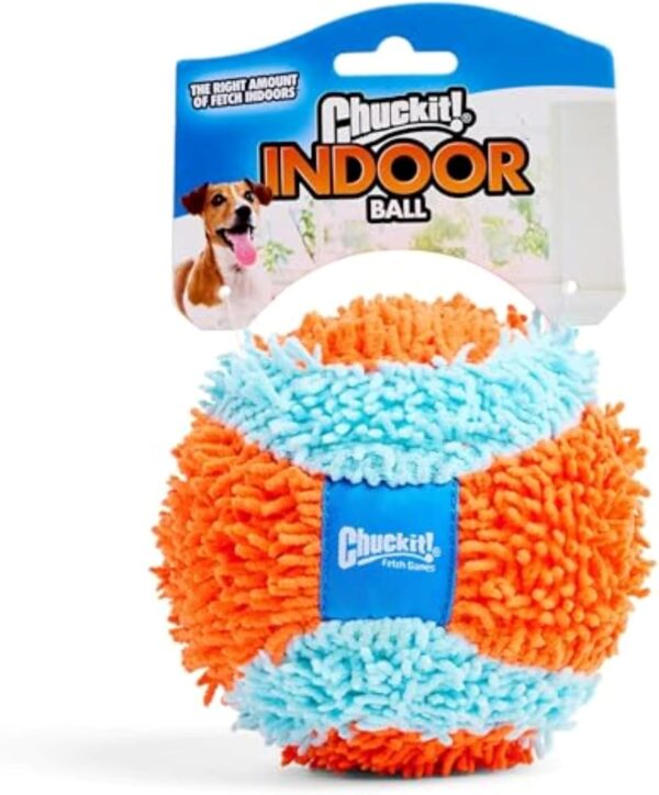 Chuckit! Indoor Fetch Ball Dog Toy - Soft Ball for Small to Medium Dogs Weighing 0-20 Lbs and 20-60 Lbs - Made with Durable, Lightweight, Plush Chenille Fabric - 4.75-inch Diameter - Orange and Blue