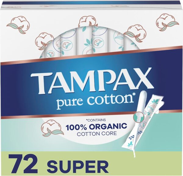 Tampax Pure Cotton Tampons, Contains 100% Organic Cotton Core, Super Absorbency, unscented, 24 Count x 3 Packs (72 Count Total)