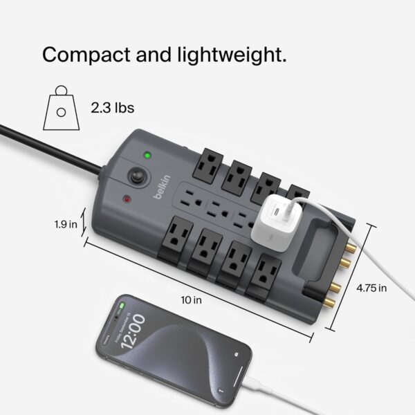 Belkin Surge Protector Power Strip w/ 8 Rotating & 4 Standard Outlets - 8ft Sturdy Extension Cord w/ Flat Pivot Plug for Home, Office, Travel, Desktop & Charging Brick - 4320 Joules of Protection - Image 4