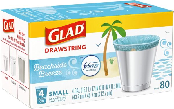 Glad Odorshield Small Drawstring Trash Bags, 4 Gal, Febreze Beachside Breeze, 80 Ct, Pack May Vary - Image 10