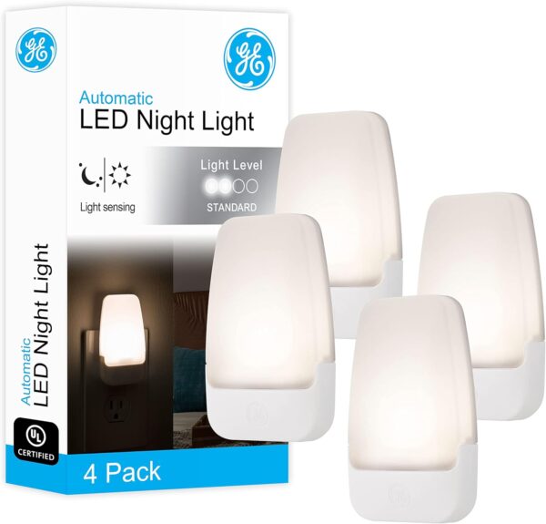 GE LED Night Light, Plug-in, Dusk to Dawn Sensor, Warm White, Ambient Lighting, Ideal for Kids and Adults Bedroom, Bathroom, Nursery, Hallway, Kitchen, 46882, 4 Pack