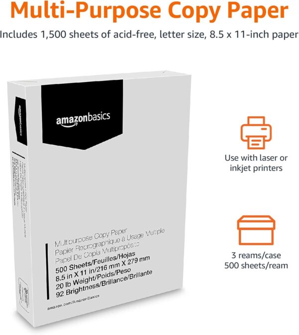 Amazon Basics Multipurpose Copy Printer Paper, 8.5" x 11", 20 lb, 3 Reams, 1500 Sheets, 92 Bright, White - Image 2