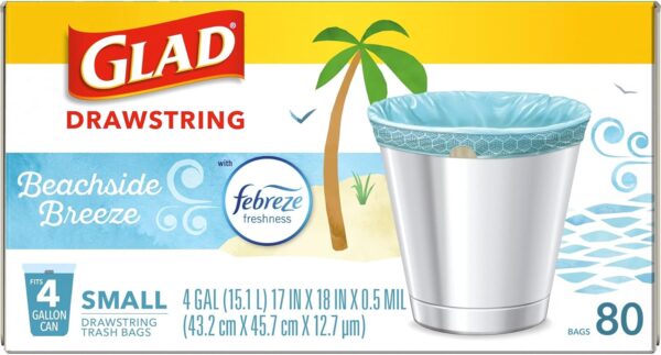 Glad Odorshield Small Drawstring Trash Bags, 4 Gal, Febreze Beachside Breeze, 80 Ct, Pack May Vary - Image 13