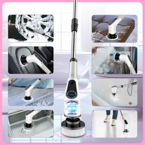 Electric Spin Scrubber, Cordless Cleaning Brush, Shower Scrubber with 8 Replaceable Brush Head, Power Cleaning Brush with Extension Handle, 2 Adjustable Speed, for Bathtub Grout Tile Floor - Image 3