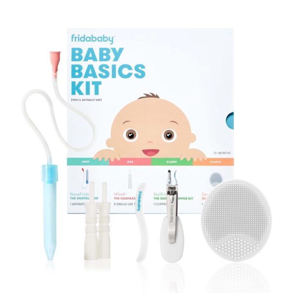 Frida Baby Basics Kit, Baby Essentials Kit Includes Nasal Aspirator Snotsucker, NailFrida Nail Files, Windi Gas Relief, DermaFrida Bath Brush + Silicone Carry Case