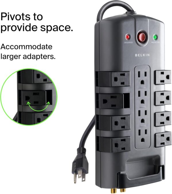 Belkin Surge Protector Power Strip w/ 8 Rotating & 4 Standard Outlets - 8ft Sturdy Extension Cord w/ Flat Pivot Plug for Home, Office, Travel, Desktop & Charging Brick - 4320 Joules of Protection - Image 5