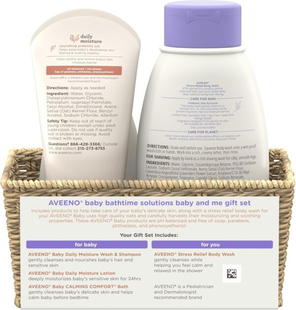 Aveeno Baby Bathtime Solutions Baby & Me Gift Set with Baby Wash & Shampoo, Calming Baby Bath, Baby Daily Moisturizing Lotion & Stress Relief Body Wash for Mom, Oatmeal, 4 Items - Image 8