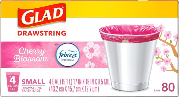 Glad Odorshield Small Drawstring Trash Bags, 4 Gal, Pink, Cherry Blossom, 80 Ct, Pack May Vary - Image 12