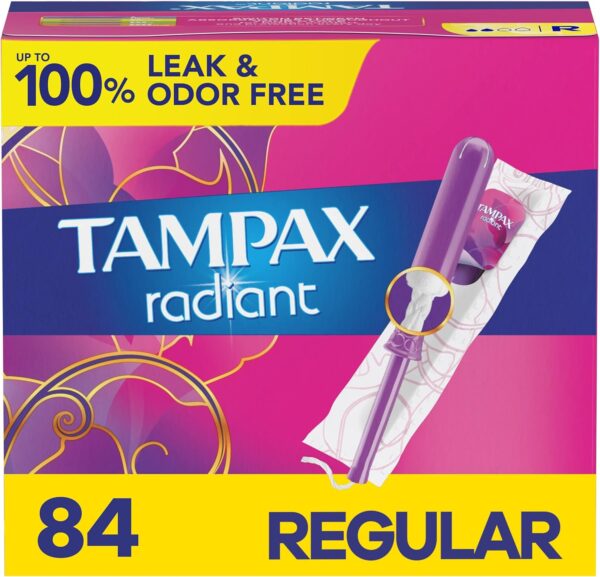 Tampax Radiant Tampons, Regular Absorbency, With Leakguard Braid, Unscented, 84 Count