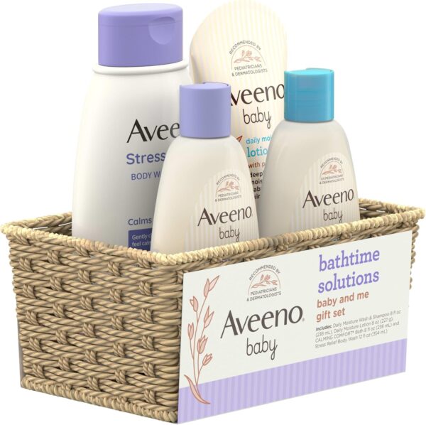 Aveeno Baby Bathtime Solutions Baby & Me Gift Set with Baby Wash & Shampoo, Calming Baby Bath, Baby Daily Moisturizing Lotion & Stress Relief Body Wash for Mom, Oatmeal, 4 Items - Image 7