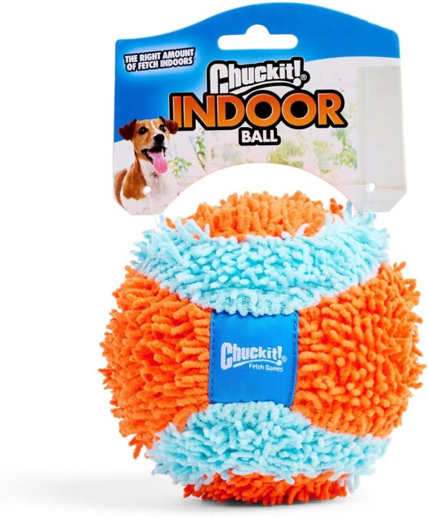 Chuckit! Indoor Fetch Ball Dog Toy - Soft Ball for Small to Medium Dogs Weighing 0-20 Lbs and 20-60 Lbs - Made with Durable, Lightweight, Plush Chenille Fabric - 4.75-inch Diameter - Orange and Blue - Image 5