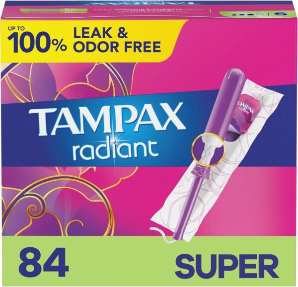 Tampax Radiant Tampons With Leakguard Braid, Super Absorbency, Unscented, 28 Count x 3 Pack (84 Count Total)