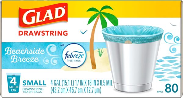 Glad Odorshield Small Drawstring Trash Bags, 4 Gal, Febreze Beachside Breeze, 80 Ct, Pack May Vary - Image 9