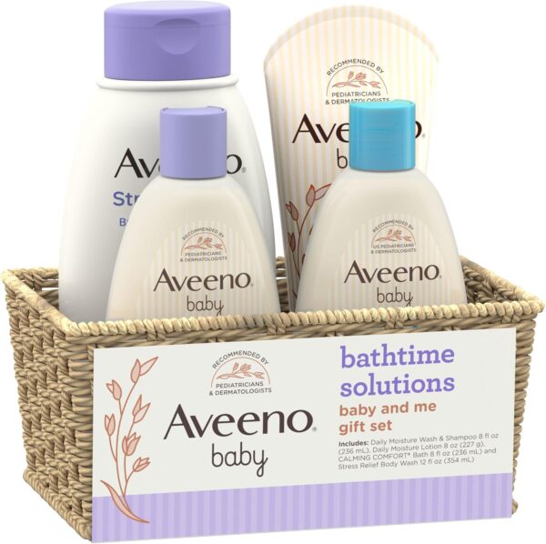 Aveeno Baby Bathtime Solutions Baby & Me Gift Set with Baby Wash & Shampoo, Calming Baby Bath, Baby Daily Moisturizing Lotion & Stress Relief Body Wash for Mom, Oatmeal, 4 Items - Image 6