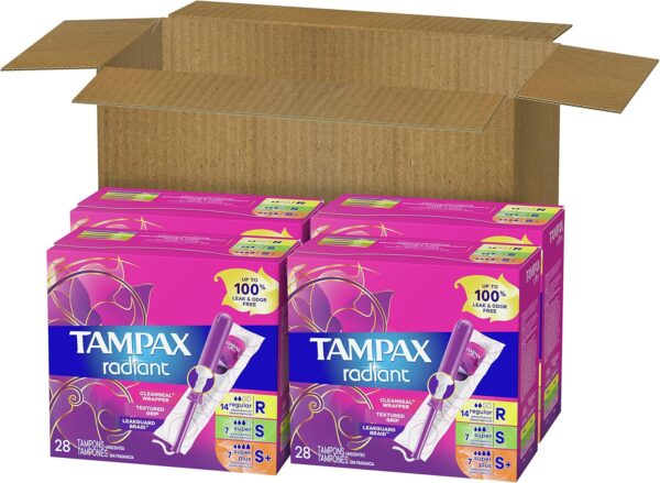 Tampax Radiant Tampons Multipack, Regular/Super/Super Plus Absorbency, With Leakguard Braid, Unscented, 28 Count X 4 Packs (112 Count Total) - Image 9