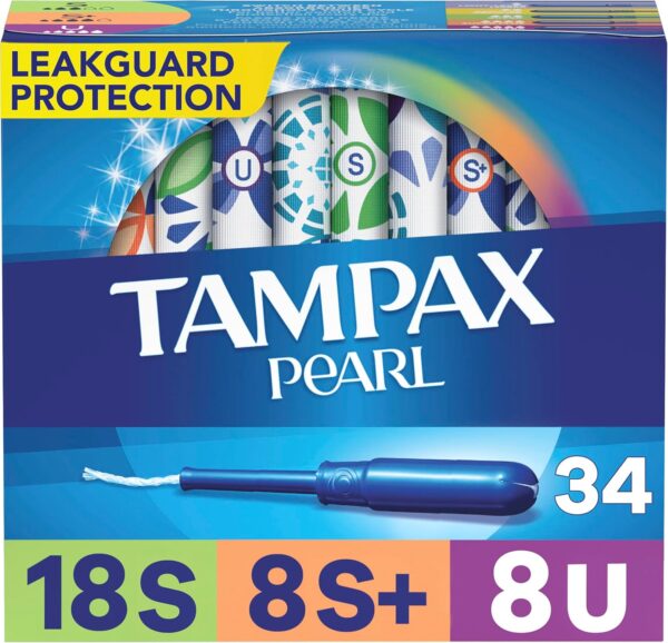 Tampax Pearl Tampons Trio Pack, Super/Super Plus/Ultra Absorbency with BPA-Free Plastic Applicator and LeakGuard Braid, Unscented, 34 Count x 3 Packs (102 Count Total)