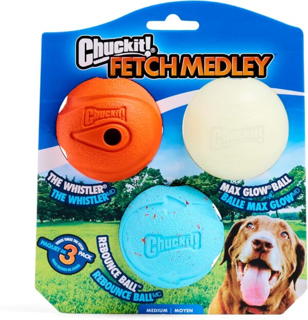 Chuckit! Gen 3 Fetch Medley Dog Balls - Includes the High-Bounce Fetch Ball, Floating Ultra Ball, and Rugged Ball - Durable Rubber Toys for Dogs 20-60 lbs - Size Medium - 2.5-inch Diameter - Set of 3