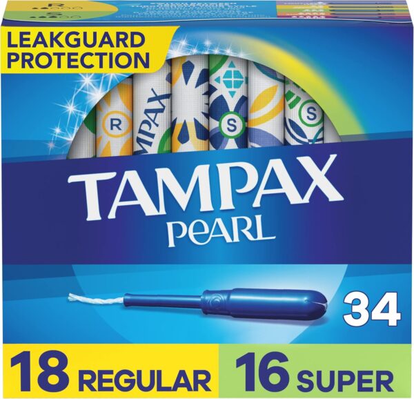 Tampax Pearl Tampons Multipack, Regular/Super Absorbency, With Leakguard Braid, Unscented, 34 Count