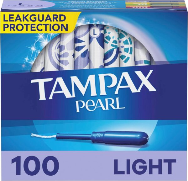 Tampax Pearl Tampons Light Absorbency, With Leakguard Braid, Unscented, 50 Count X 2 Packs (100 Count Total)