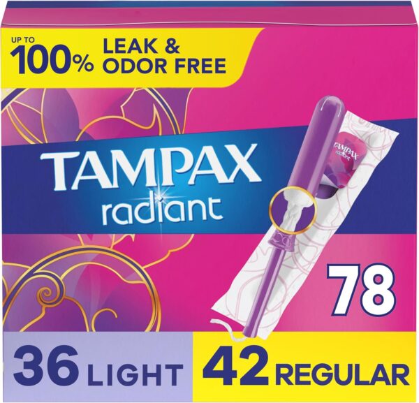 Tampax Radiant Tampons, Light/Regular Absorbency, 26 Count x 3 (78 Count Total)