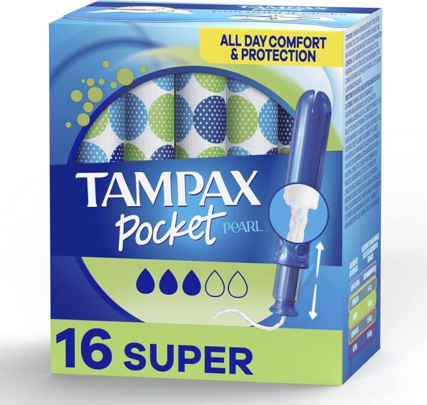 Tampax Pocket Pearl Tampons Super Absorbency with LeakGuard Braid, Unscented, 16 Count