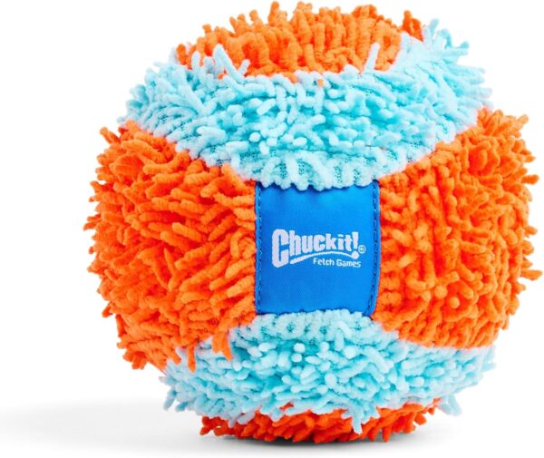 Chuckit! Indoor Fetch Ball Dog Toy - Soft Ball for Small to Medium Dogs Weighing 0-20 Lbs and 20-60 Lbs - Made with Durable, Lightweight, Plush Chenille Fabric - 4.75-inch Diameter - Orange and Blue - Image 4