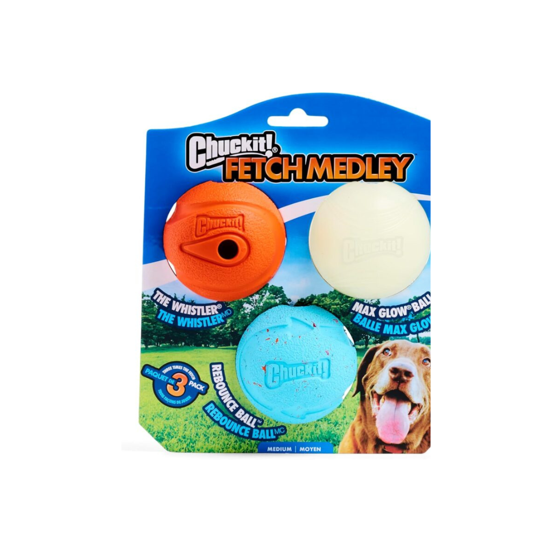 Chuckit! Gen 3 Fetch Medley Dog Balls - Includes the High-Bounce Fetch Ball, Floating Ultra Ball, and Rugged Ball - Durable Rubber Toys for Dogs 20-60 lbs - Size Medium - 2.5-inch Diameter - Set of 3