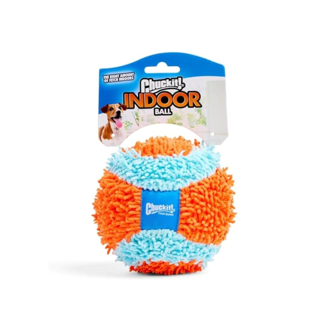 Chuckit! Indoor Fetch Ball Dog Toy - Soft Ball for Small to Medium Dogs Weighing 0-20 Lbs and 20-60 Lbs - Made with Durable, Lightweight, Plush Chenille Fabric - 4.75-inch Diameter - Orange and Blue
