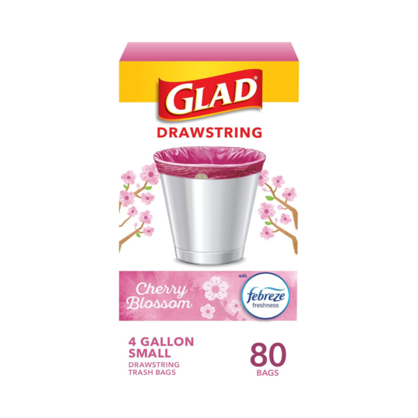 Glad Odorshield Small Drawstring Trash Bags, 4 Gal, Pink, Cherry Blossom, 80 Ct, Pack May Vary