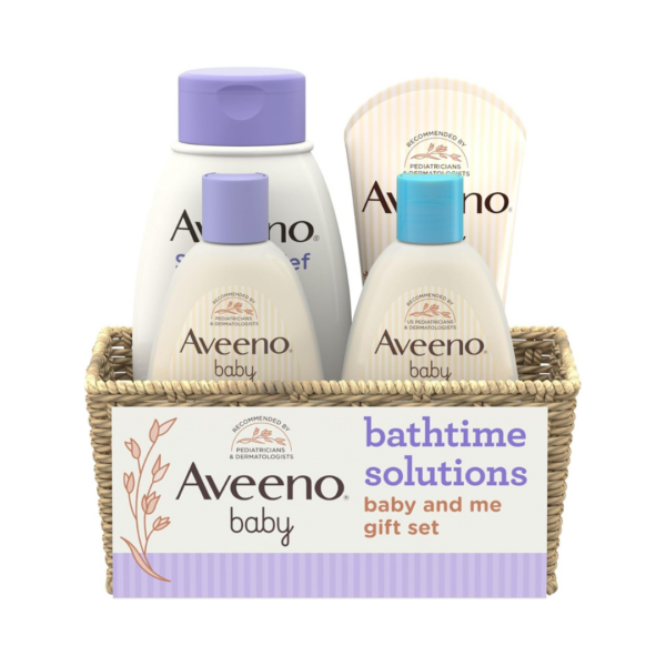 Aveeno Baby Bathtime Solutions Baby & Me Gift Set with Baby Wash & Shampoo, Calming Baby Bath, Baby Daily Moisturizing Lotion & Stress Relief Body Wash for Mom, Oatmeal, 4 Items