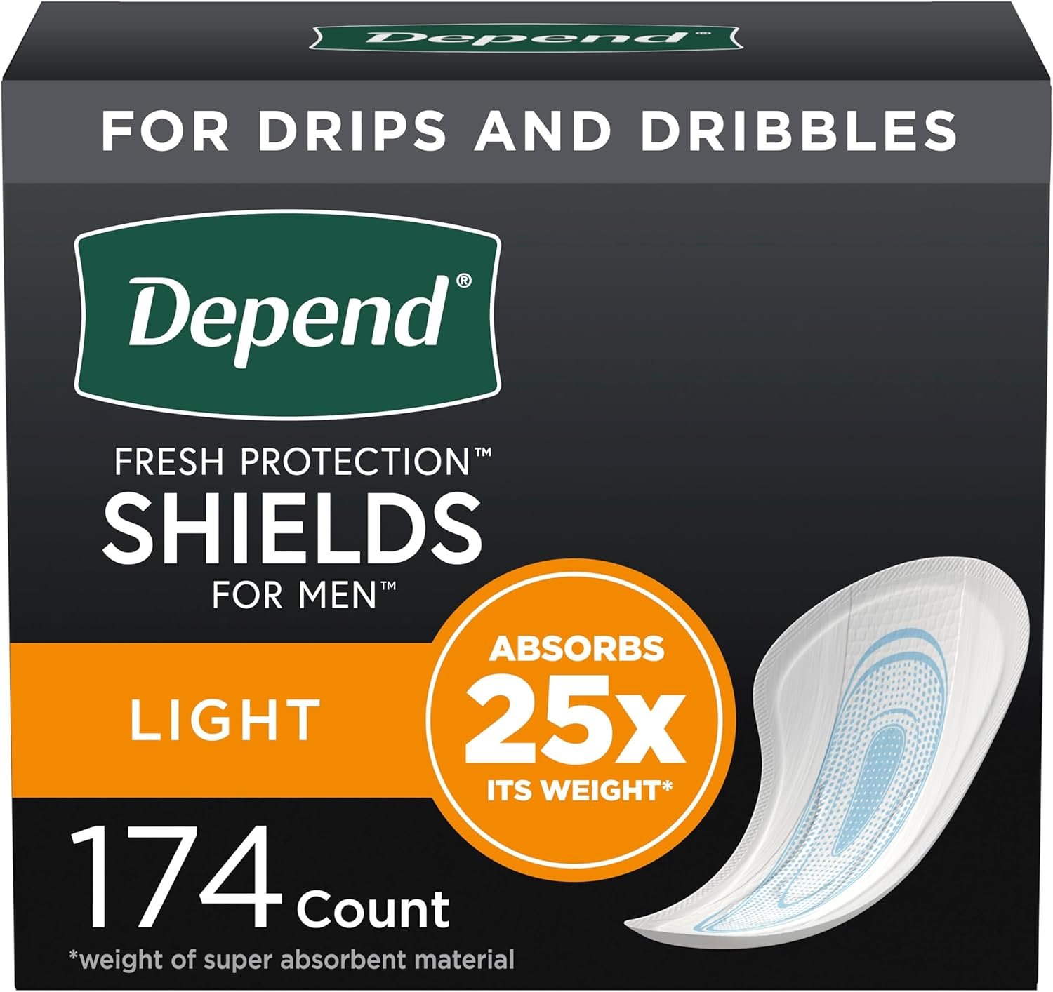 Depend Incontinence/Bladder Control Shields, Pads for Men, Light Absorbency, 174 Count (3 Packs of 58) (Packaging May Vary)