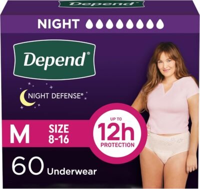 Depend Night Defense Incontinence Underwear for Women, Overnight Absorbency, Medium (31–37" Waist), 60 Count (4 Packs of 15) (Packaging may vary)