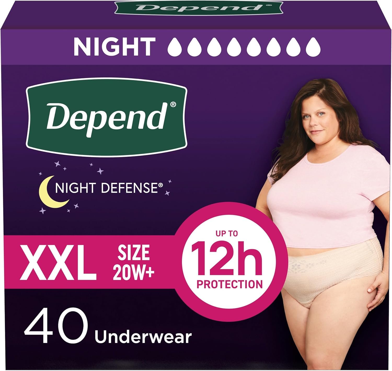 Depend Night Defense Adult Incontinence & Postpartum Bladder Leak Underwear for Women, Disposable, Overnight, Extra-Extra-Large, Blush, 40 Count (4 Packs of 10), Packaging May Vary