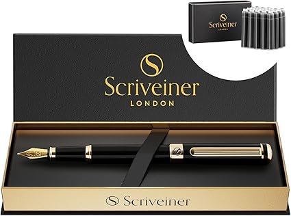 Scriveiner Luxury Fountain Pen - Stunning Black Lacquer Pen, Real Gold Plating, Schmidt Gilded Nib (Medium), Bundle with Fountain Pen Ink Cartridges - Black - 20 Standard International