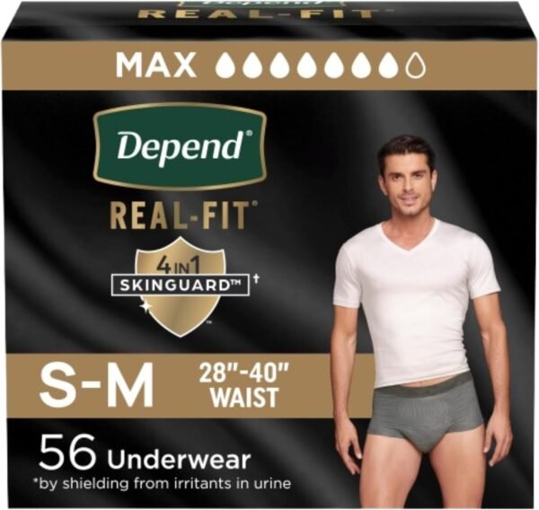 Depend Real Fit Incontinence Underwear for Men, Disposable, Maximum Absorbency, Small/Medium, Grey, 56 Count (2 Packs of 28), Packaging May Vary