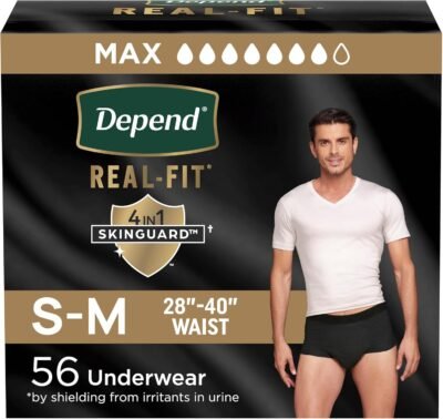 Depend Real Fit Incontinence Underwear for Men, Maximum Absorbency, Small/Medium (28–40" Waist), 56 Count (2 Packs of 28) (Packaging may vary)