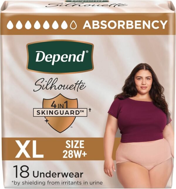 Depend Silhouette Adult Incontinence & Postpartum Bladder Leak Underwear for Women, Maximum Absorbency, Extra Large, Pink, 18 Count, Packaging May Vary