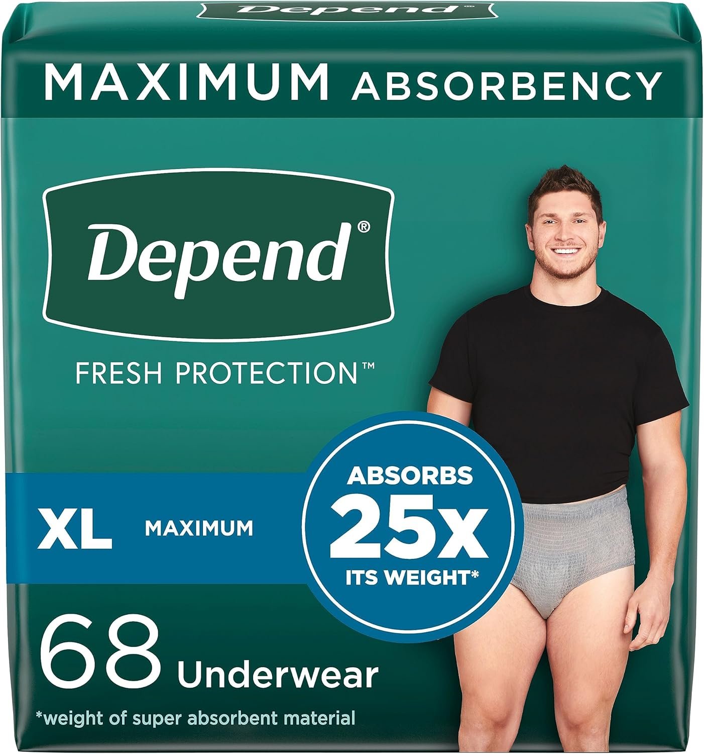 Depend Fresh Protection Adult Incontinence Underwear for Men, Disposable, Maximum, Extra-Large, Grey, 68 Count (2 Packs of 34), Packaging May Vary