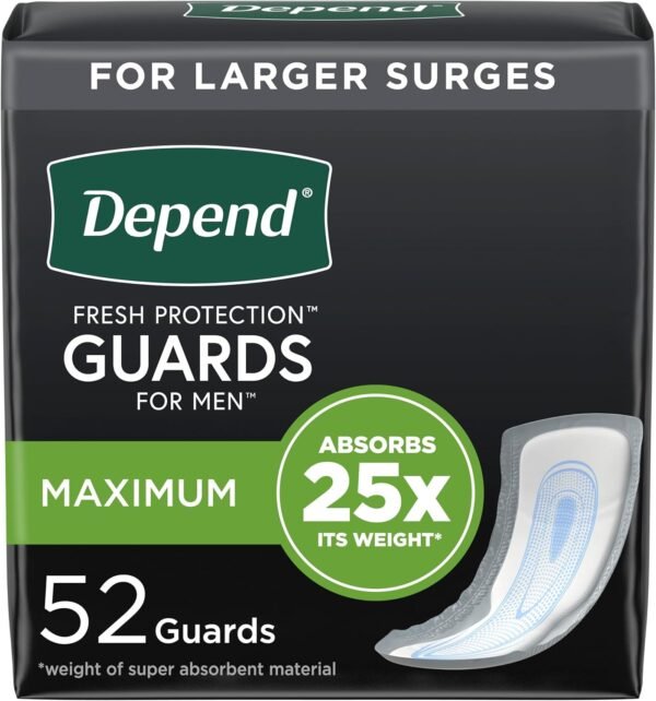 Depend Incontinence Guards/Incontinence Pads for Men/Bladder Control Pads, Maximum Absorbency, 52 Count,Packaging May Vary