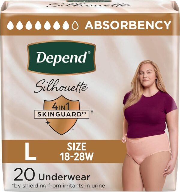 Depend Silhouette Adult Incontinence & Postpartum Bladder Leak Underwear for Women, Maximum Absorbency, Large, Pink, 20 Count, Packaging May Vary