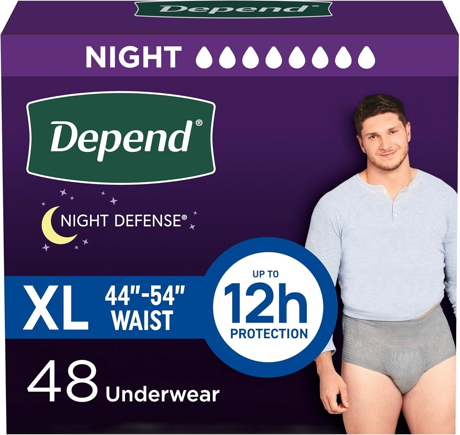 Depend Night Defense Adult Incontinence Underwear for Men, Disposable, Overnight, Extra-Large, Grey, 48 Count (4 Packs of 12), Packaging May Vary